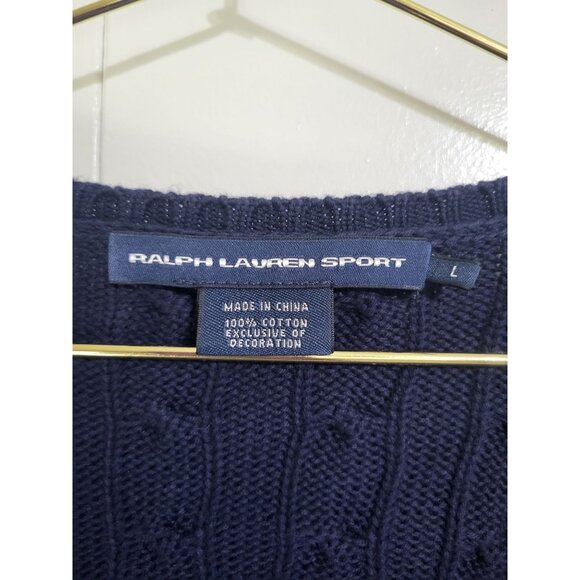Ralph Lauren Sport Women's LG Navy Blue V Neck Cable Knit Sweater Tennis Preppy - Picture 4 of 6
